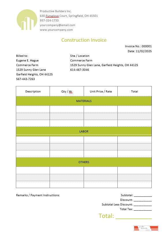 Blank Construction Invoice Template PSD template